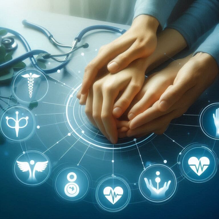 A pair of caring hands surrounded by futuristic digital healthcare icons, symbolizing compassion and technology in modern telehealth services.
