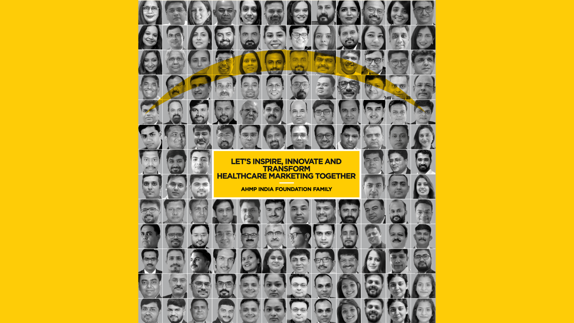 Collage of AHMP India Foundation members with tagline “Let’s Inspire, Innovate and Transform Healthcare Marketing Together.”